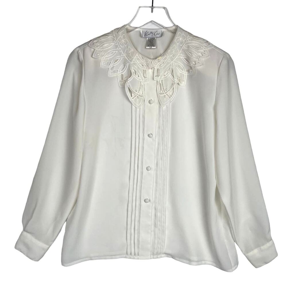 Vintage 80s 90s Petal Embroidered Beaded Collar Blouse Cream Size 10P